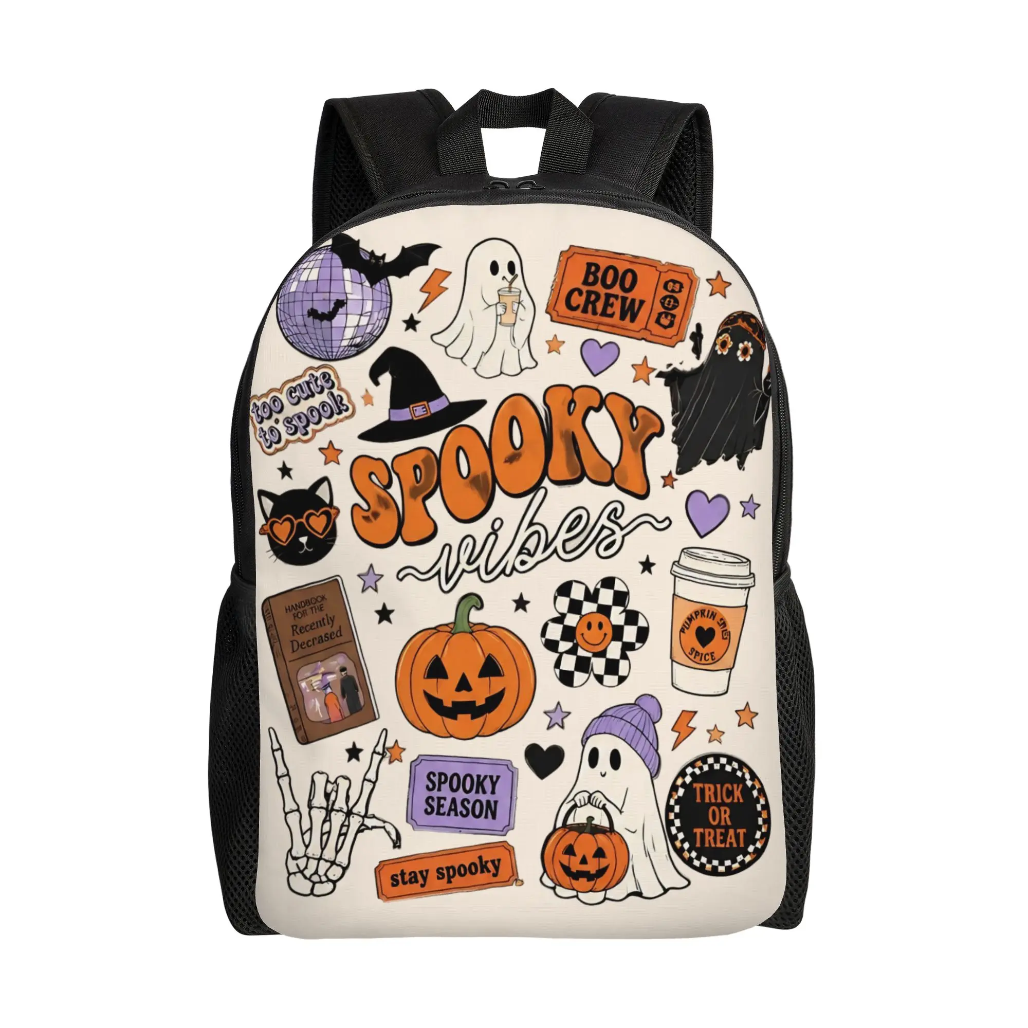 Spooky Vibes Halloween Ghost Pumpkin Backpack Student Hiking Travel Daypack for Men Women Laptop Computer Canvas Bags