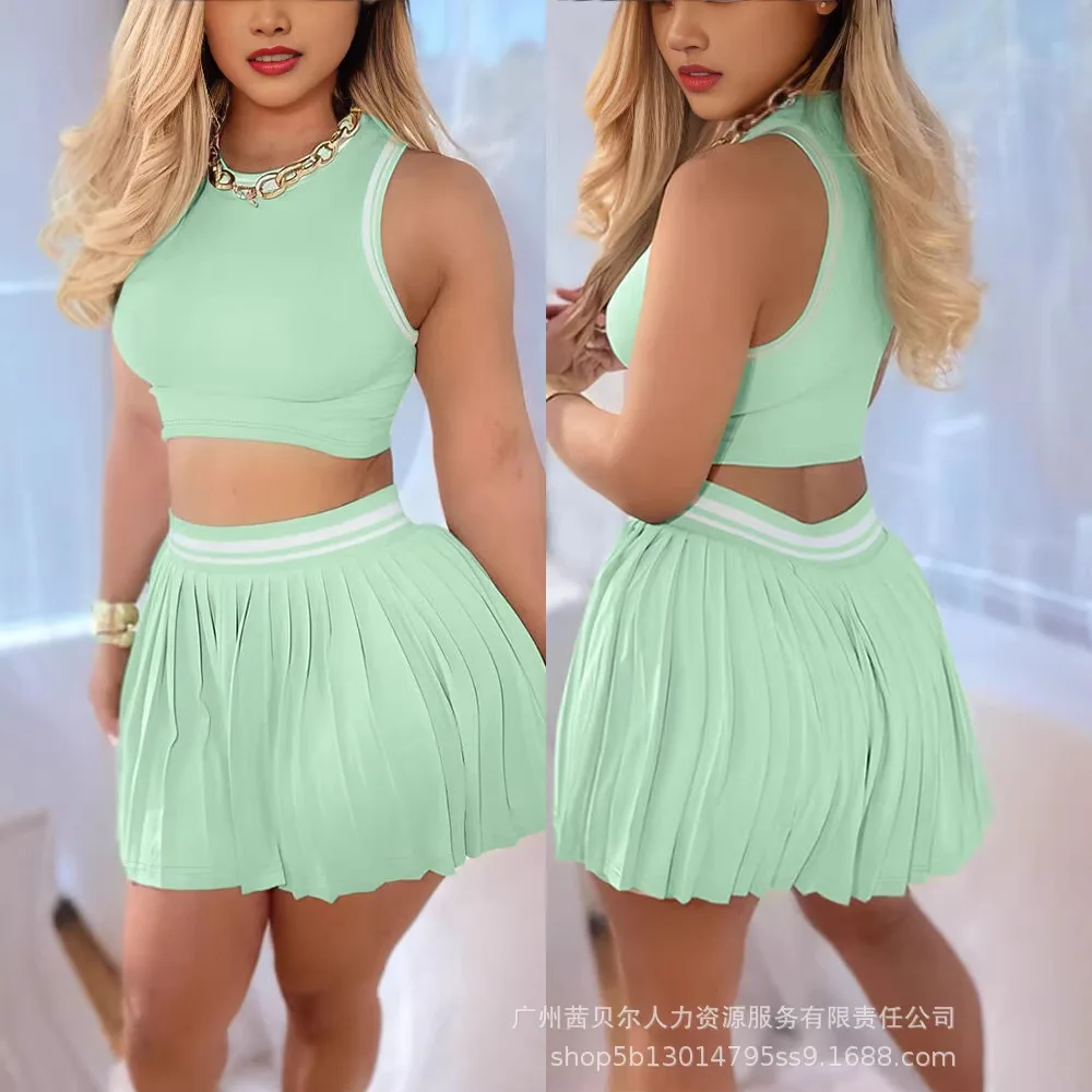 2026 New Fresh Color Sleeveless Top Pleated Short Skirt Set Women Youthful Energy Two Piece Skirt Outfit