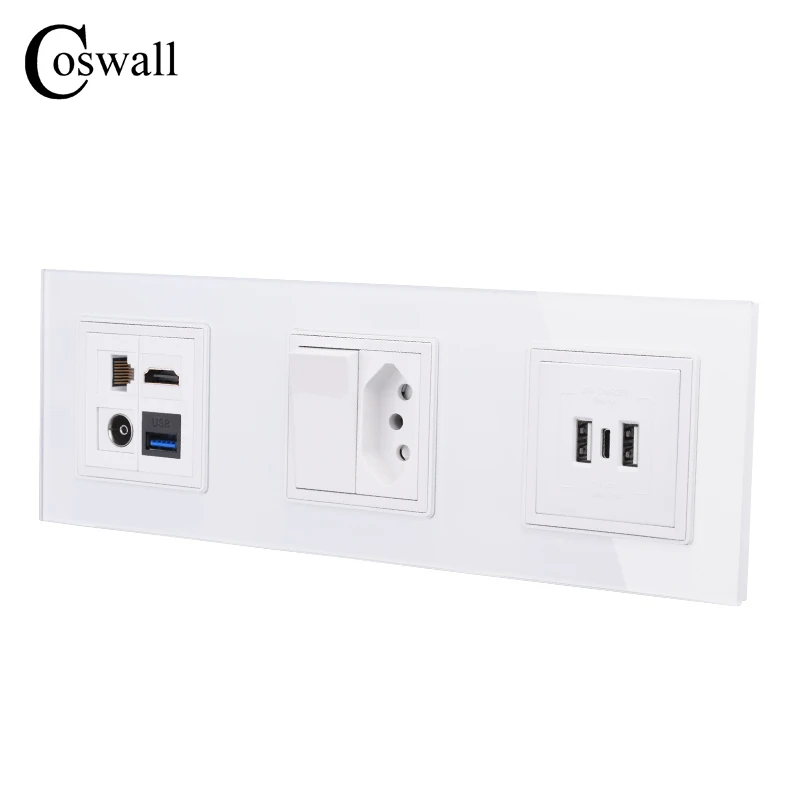 Coswall Glass Panel Wall EU French Brasil Socket + TV CAT6 Internet Jack, HDMI-compatible 2.0 & USB 3.0 Connector DIY Module