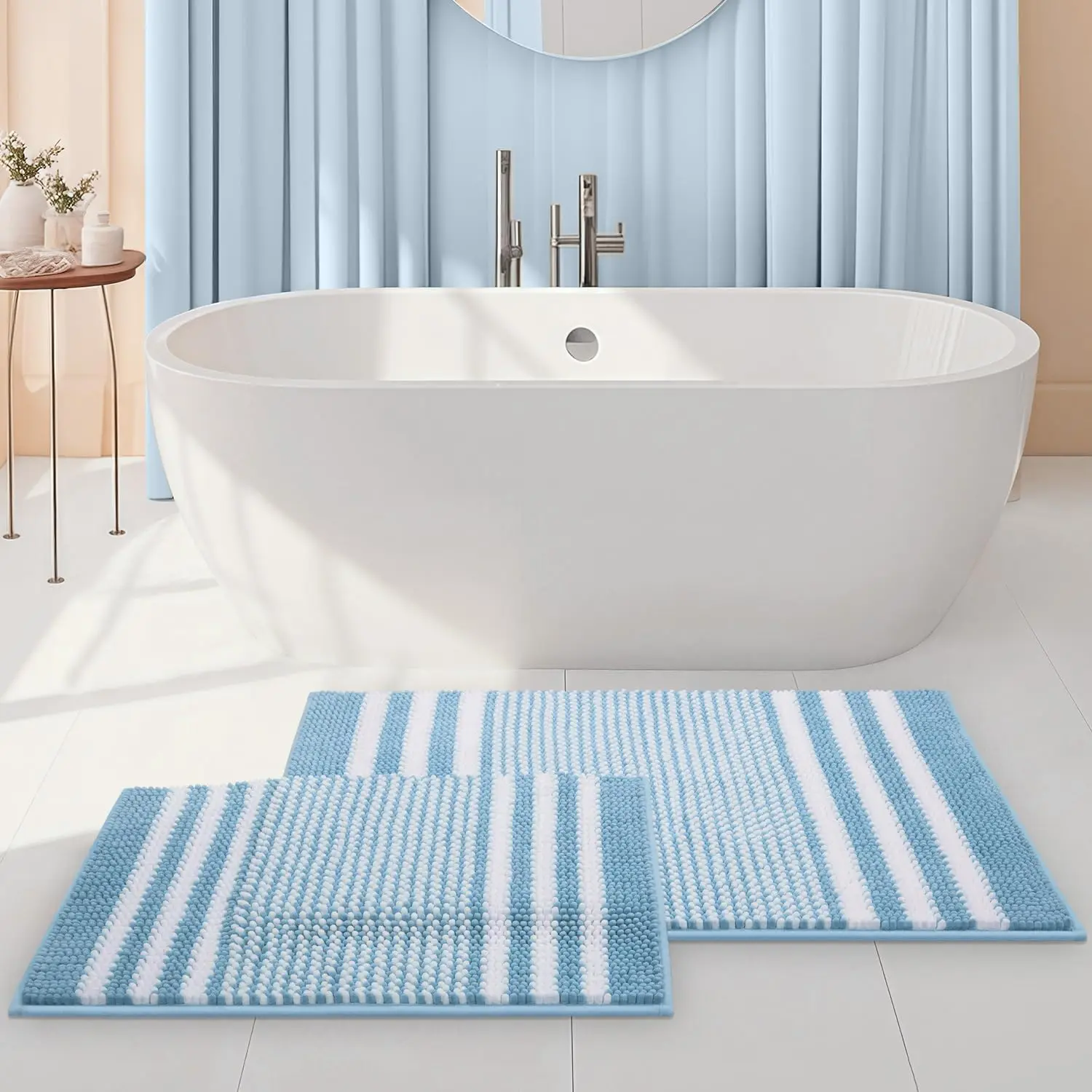 

Extra Soft Fluffy Striped Chenille Bath Mat Set, Non-Slip Absorbent Machine Washable (Blue, 2 Pieces)
