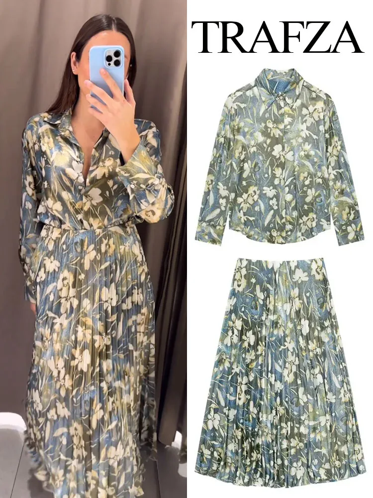 TRAFZA Spriing Fashion Metallic Flower Print Retro Suit High Waist Pleated Skirt+Lapel Long Sleeves Single Breasted Shirt 2024