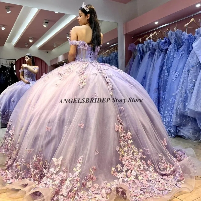 Angelsbridep lavanda princesa quinceanera vestidos frisados rendas apliques arco doce 16 vestido méxico vestido de 15 anos personalizado