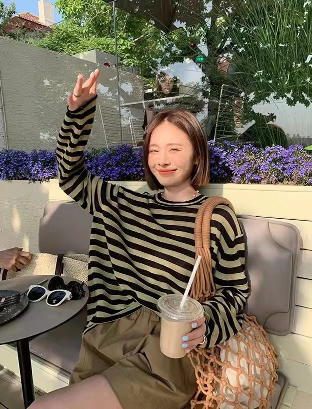 ملابس تريكو مخططة من الكتان من LICKYSENIOR ملابس خارجية صيفية رفيعة للحماية من الشمس ملابس خارجية فضفاضة عالية الجودة من TikTok Taobao بياقة بولو وأكمام طويلة #2