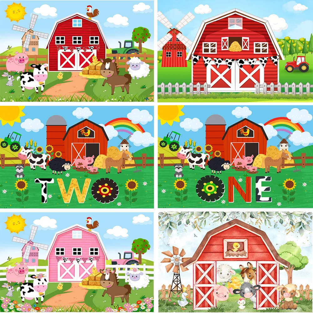 

Farm Animals Backgrounds for Photography and Parties Cartoon Red House Sun Clouds Fence Decor Backdrops Kids Portrait Photocall