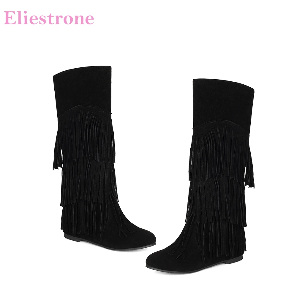 2026 Winter Lovely Women Knee High Riding Boots Med Wedges Heel Oversized Lady Daily Shoes Large Plus Size 11 46 48 Non-slip