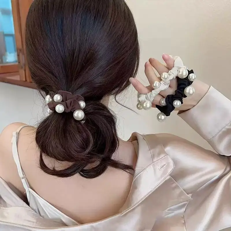 1 قطعة/4 قطعة رباط شعر كوري بسيط بتصميم جديد من اللؤلؤ المقلد، إكسسوارات شعر متعددة الاستخدامات على شكل ذيل حصان وكعكة #3