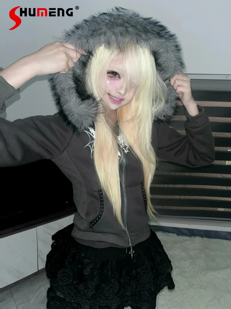 الأصلي الظلام ثقافة فرعية Y2k الشرير أفخم مقنعين سستة سترة سترة الخريف الشتاء الفتيات الحلو كول لطيف مطبوعة معطف قصير #1