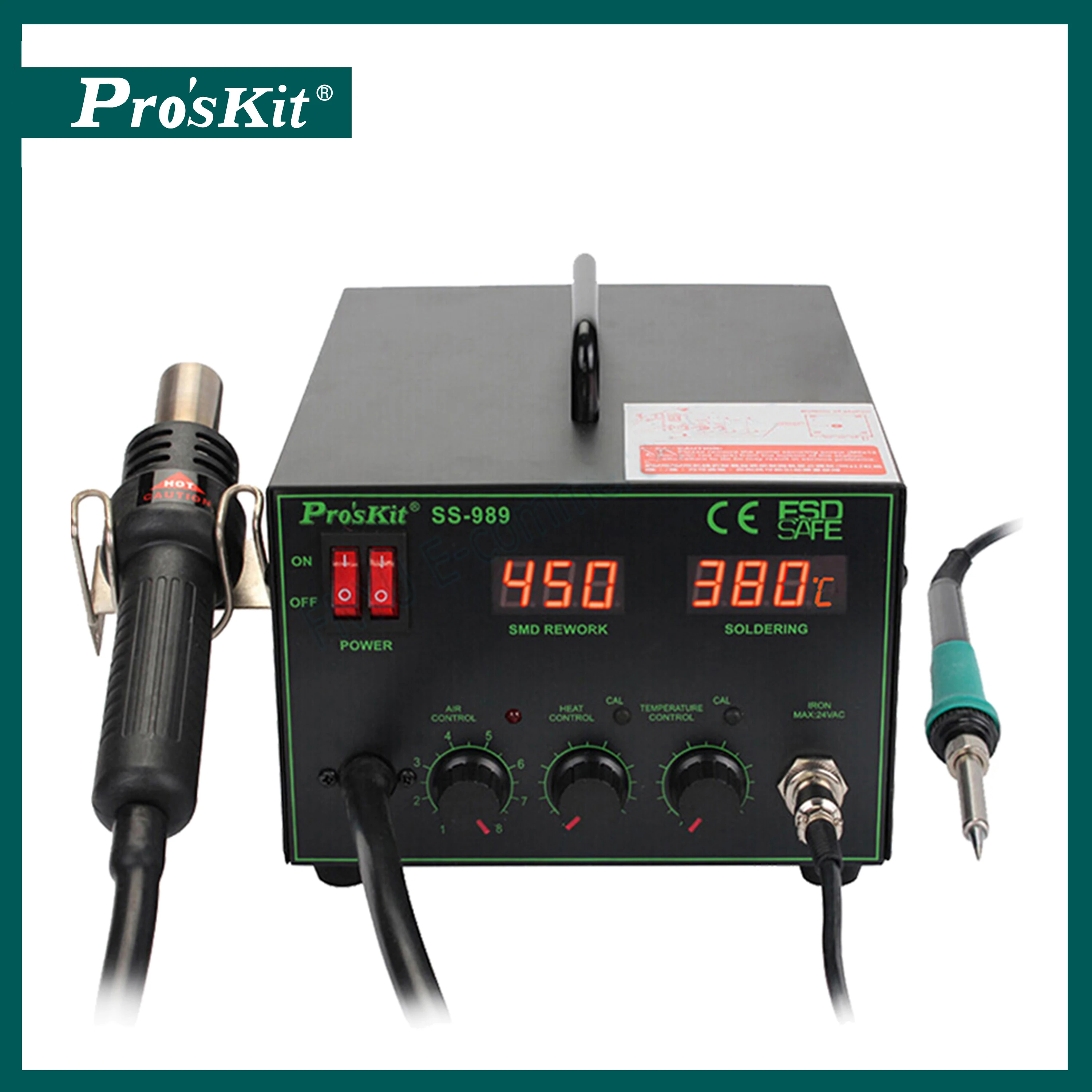 

Pro'sKit SS-989H 2in1 Solder Station 700W ReworkStation SMD Lead-Free Hot Air Gun with Solder Iron Automatic Cooling Repair Tool