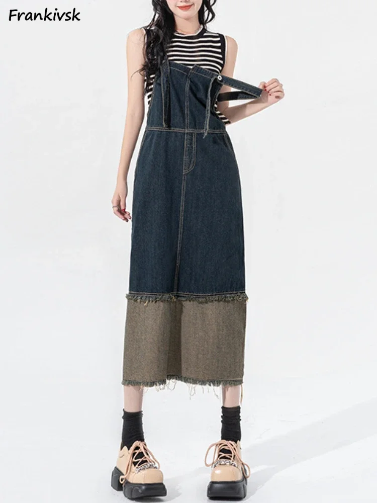 Denim Dresses Women Retro Nostalgic Panelled Irregular Fashion Suspenders Spring All-match Streetwear Students Chic Vestidos Ins