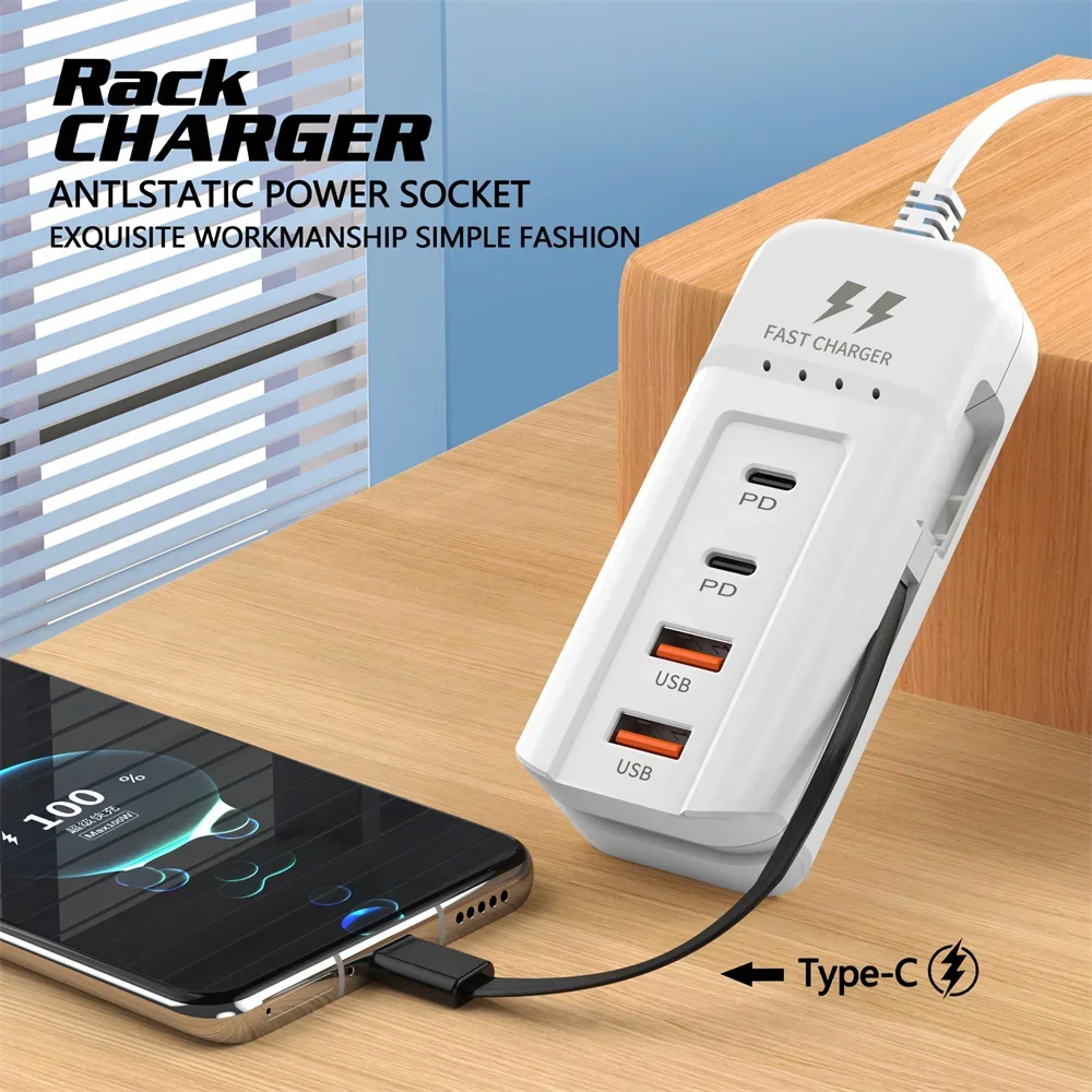 66W 4 Ports USB Charger PD Fast Charging Phone Travel Power Socket Adapter Type C Cable For iPhone Xiaomi Samsung Wall Charger