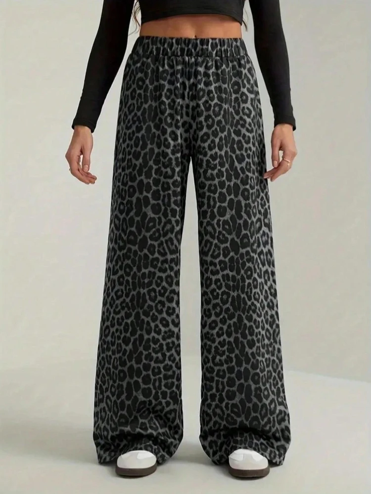 2026 New Leopard Print Pants Women Elasticity High Waist Loose Wide Leg Pants Women Fashion High Street Straight Casual Pants
