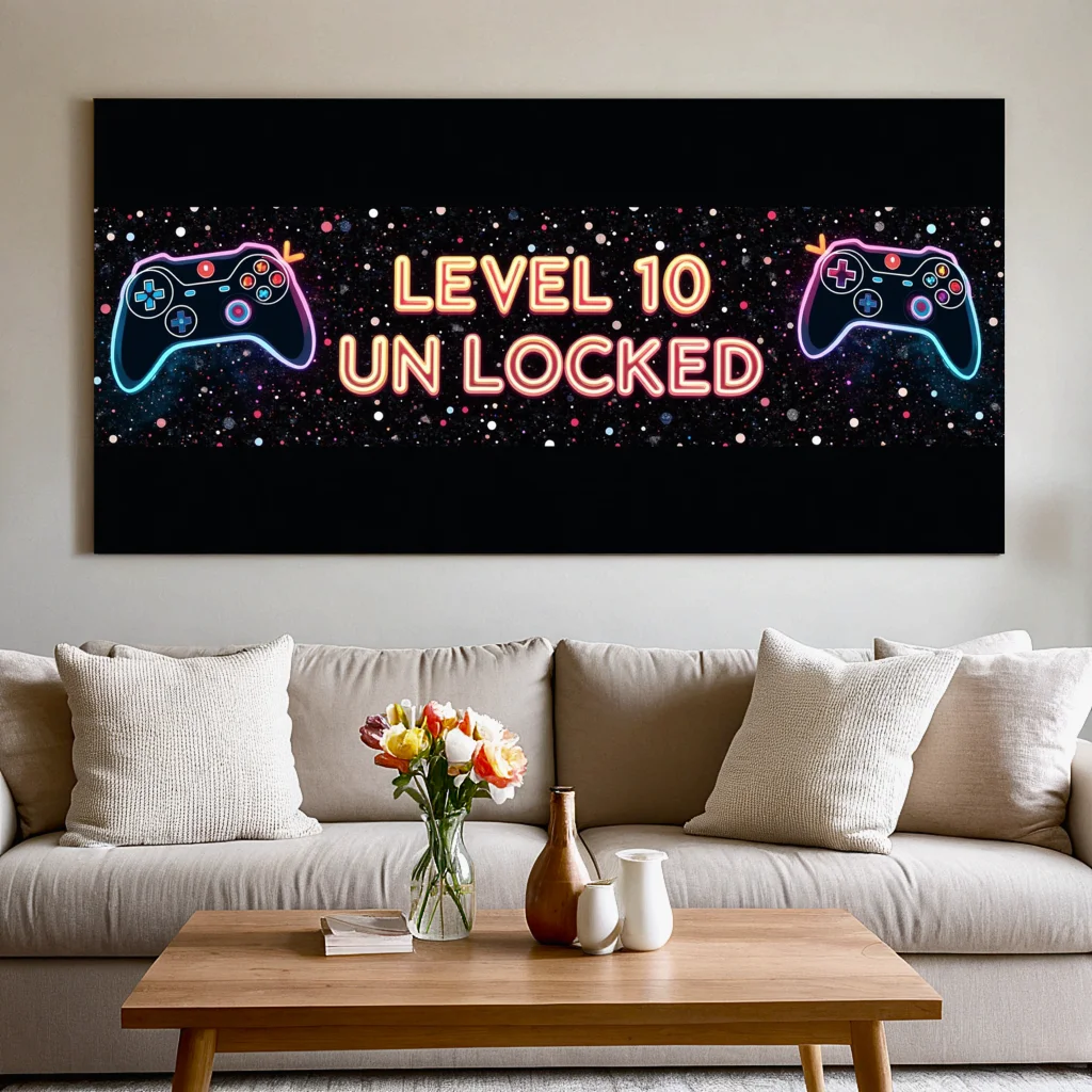 Neon Gaming Controller Themed Backdrop Banner with Level 10 Unlocked Text Gaming Party Decorations Photography Backdrops Decor