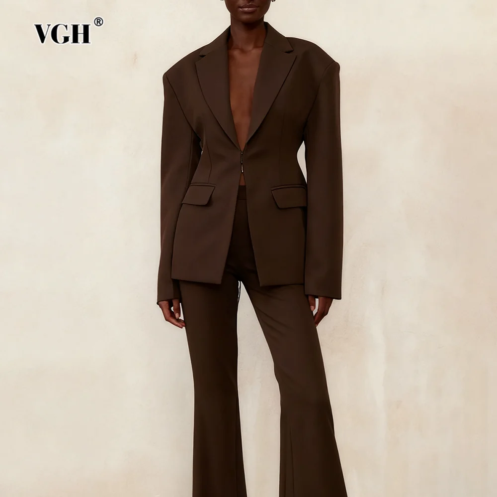 

VGH Temperament Solid Party Two Piece Sets For Women Lapel Long Sleeve Top High Waist Pants Sexy Party Set Female Fashion New