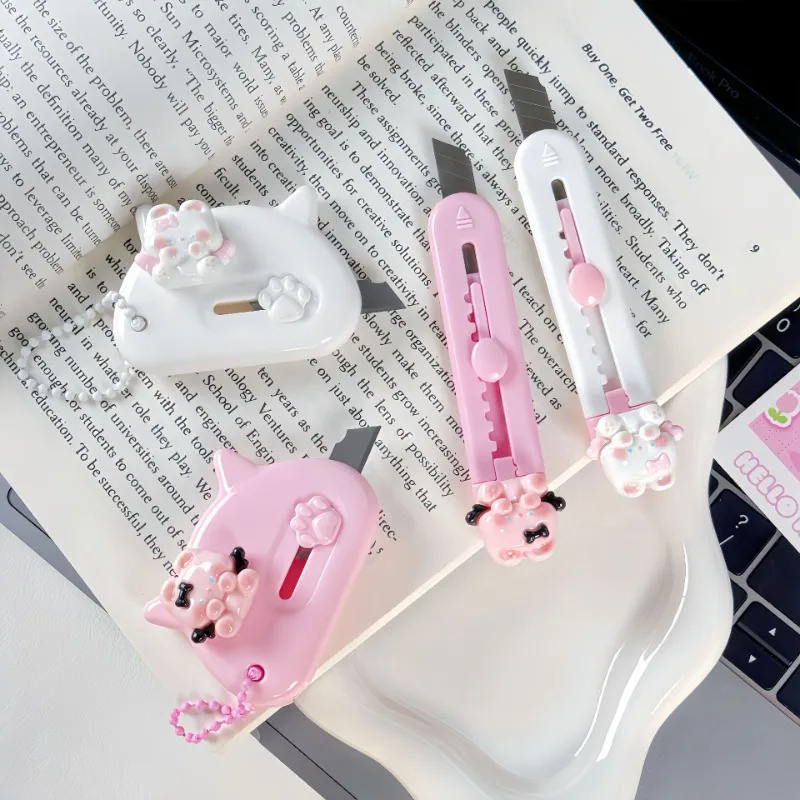 Mini Kawaii Cartoon Kitten Letter Opener White Pink Color Creative Design Cat Box Cutter Portable Utility Knife Student Supplies