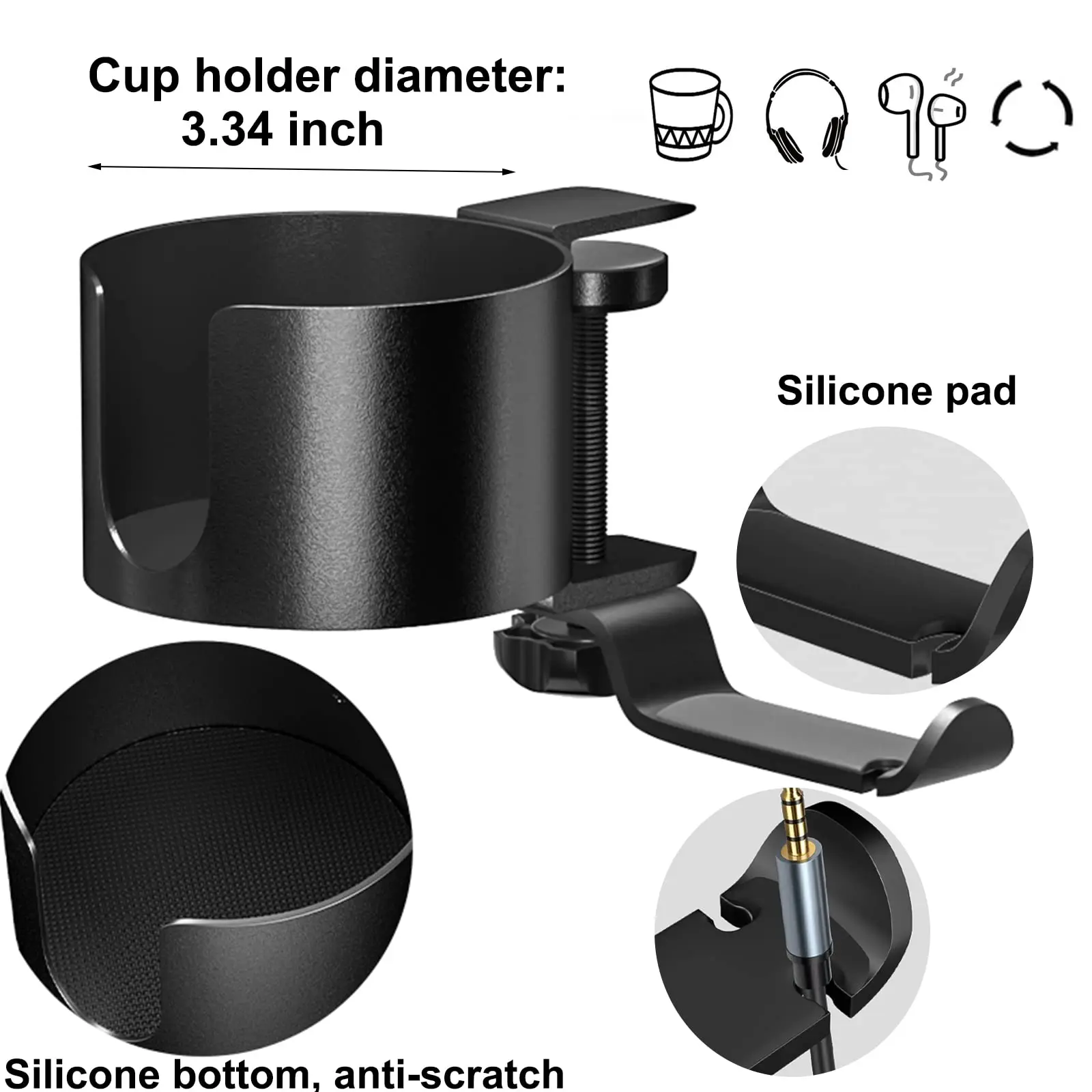 2-in-1 Desk Cup Holder Anti-Spill Cup Holder Clamp with Rotatable Headphone Hanger, Office Coffee Water Organizer Table Cup Clip