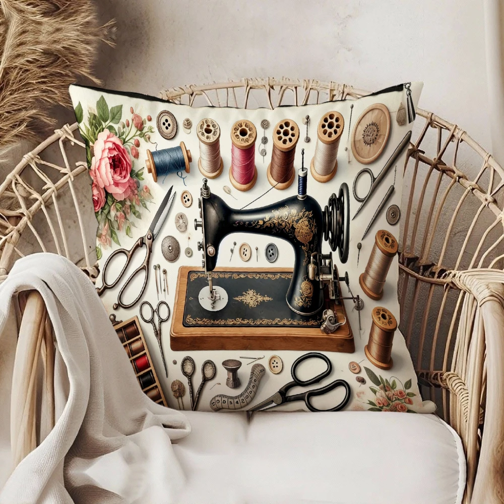 Vintage Sewing Machine Print Square Pillow Case White Floral Scissors Thread Spools Decorative Cushion Cover For Living Room Sof