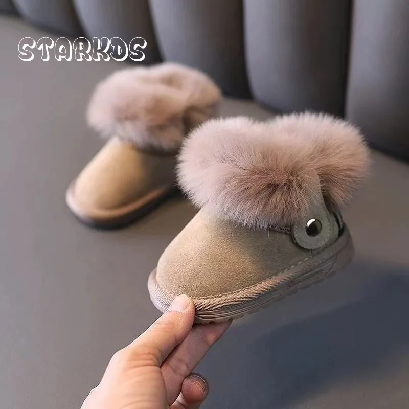 Botas de nieve de piel rosa y gris para bebé, botines cálidos de felpa suaves para invierno, Botas de piel con cremallera lateral de diseño clásico de marca para niño y niña