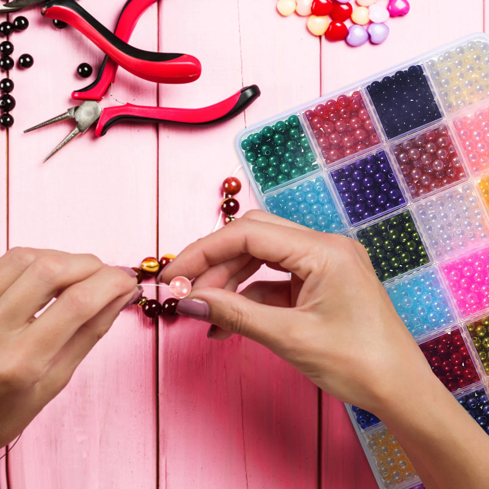 1960 Pcs Beads Threading Jewelry Making Faux Pearl Elastic Rope for DIY with Holes Round Craft