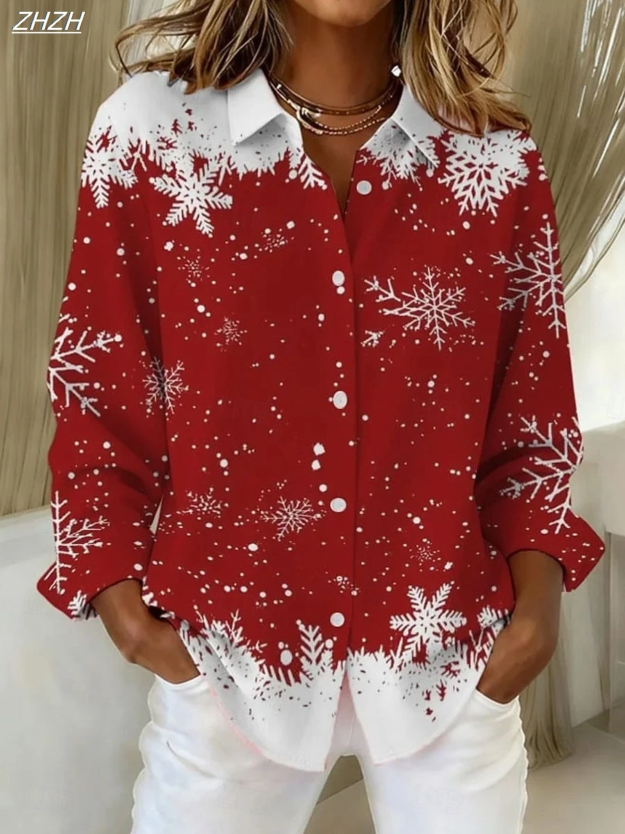 เสื้อเชิ้ตผู้หญิงลายกราฟิกลายสก๊อตเกล็ดหิมะสไตล์วินเทจหรูหรา แขนยาว คอปก ทรงปกติ เหมาะสำหรับใส่ในชีวิตประจำวันและวันหยุด