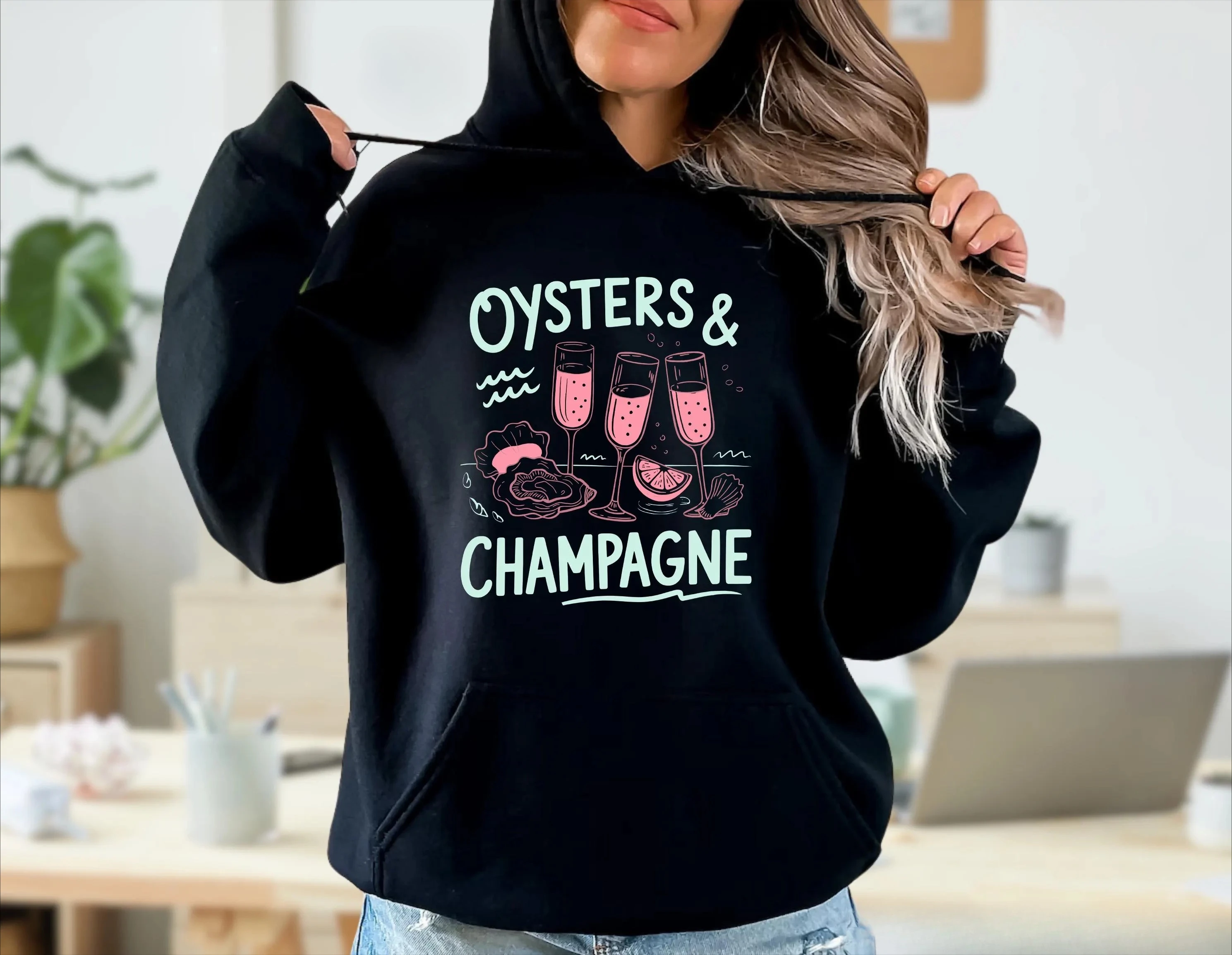 

Устрицы и шампанское, морепродукты, толстовка с капюшоном, женская толстовка с длинными рукавами, пуловер, топы, модная осенне-зимняя одежда