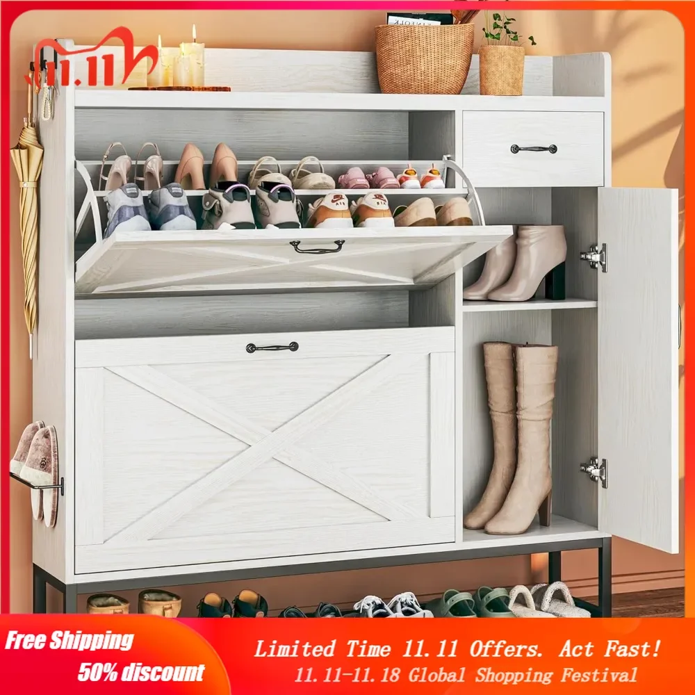 Shoe Cabinet with 2 Flip Drawers & Side Cabinet, Shoes Cabinet with Adjustable Shelves