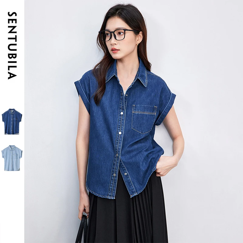 

SENTUBILA Vintage Streetwear Denim Shirt for Women 2025 Fashion Casual Lapel Short Sleeve Cotton Button Outerwear W52C87903