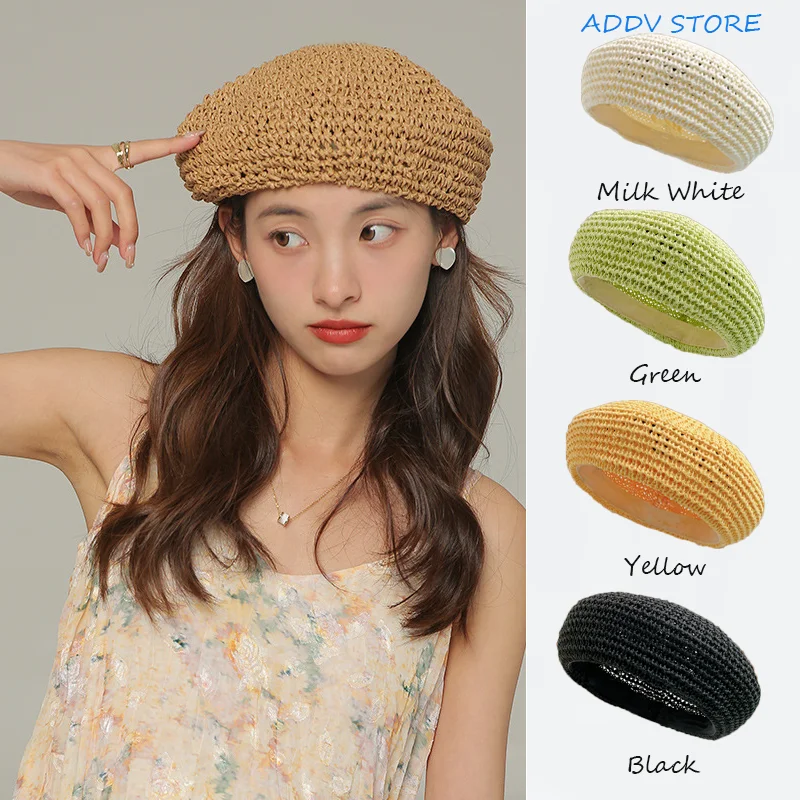 Y2k Sweet Girl Summer Green Straw Openwork Beret Solid Color  Simple Dome Painter Hat  Berets Caps for Women