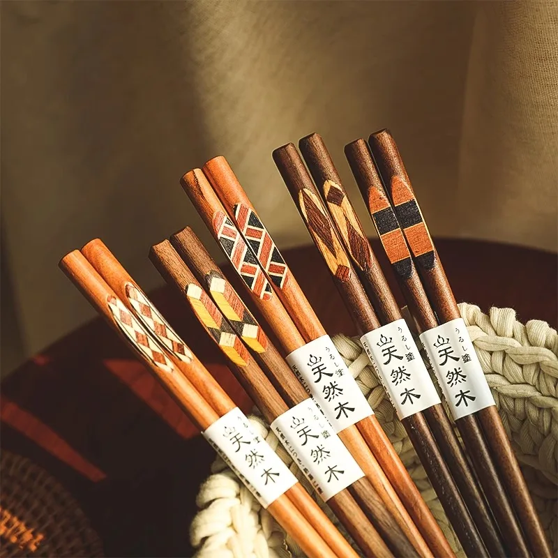 

5 Pairs Chinese Japanese Wooden Chopsticks Home Cutlery Walnut Food Sushi Chop Sticks without Paint and Wax Kitchen Tableware