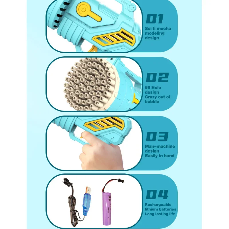 Macchina per pistola a bolle elettrica per bambini a 69 fori Macchina automatica per bolle di sapone LED Festa all'aperto Giocattoli per bambini Regalo per ventilatore per festa di nozze