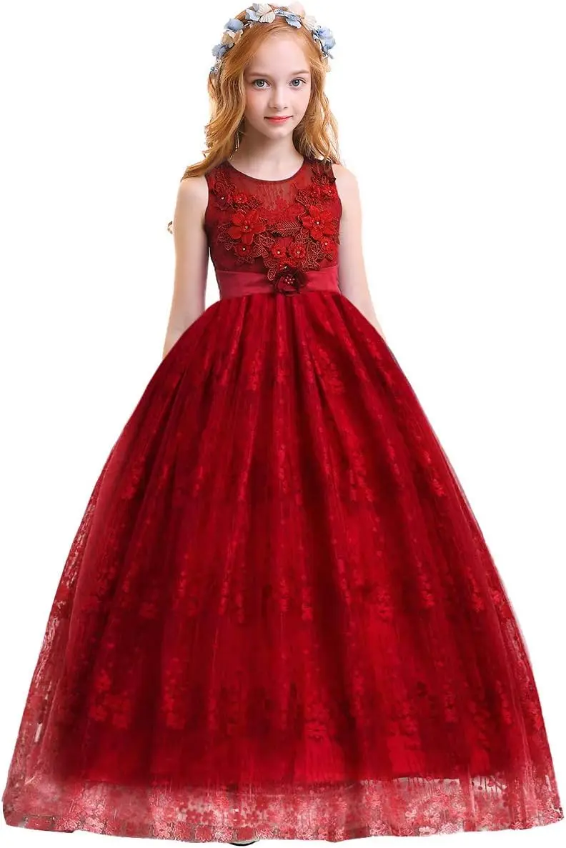 

Girl Flower Retro Lace Princess Long Dress Children's Tulle Ball Formal Party Wedding Evening Dress BirthdayParty CommunionDress