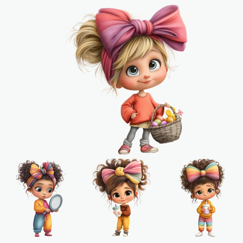 

2PCS Cute Girl With Bow And Basket iron on patches DTF Patches for clothes Iron-on transfers for clothing heat transfer sticker