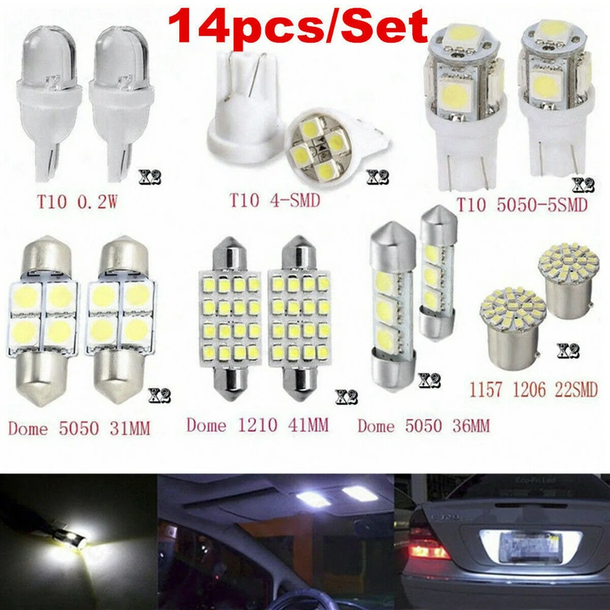 LED 인테리어 패키지 키트, T10 36mm 지도 돔 번호판 조명, 흰색, 14 개