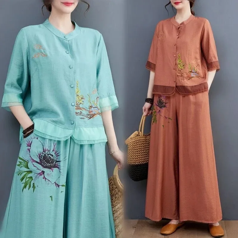 Spring Summer Women Leisure Large Size 5XL 2PCS Middle Aged Mother Mother Cotton Linen Suit 2025 Female Embroidery Two-piece Set