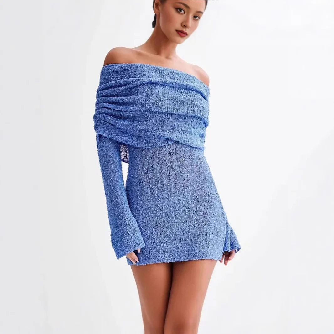 2025 Nuovo costume da bagno da spiaggia da donna sexy Cover Up Elegante signora estiva con spalle scoperte Manica lunga a campana Mini abito aderente trasparente