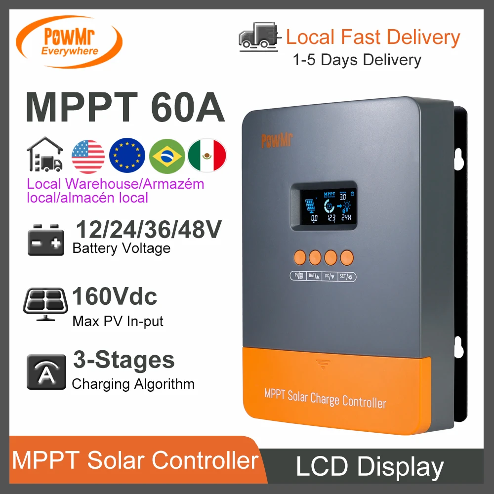 PowMr MPPT Solar Charge Controller 60A 12V/24V/36V/48V Auto Backlight LCD Display Solar Panel Regulator and Max PV Input 160Vdc