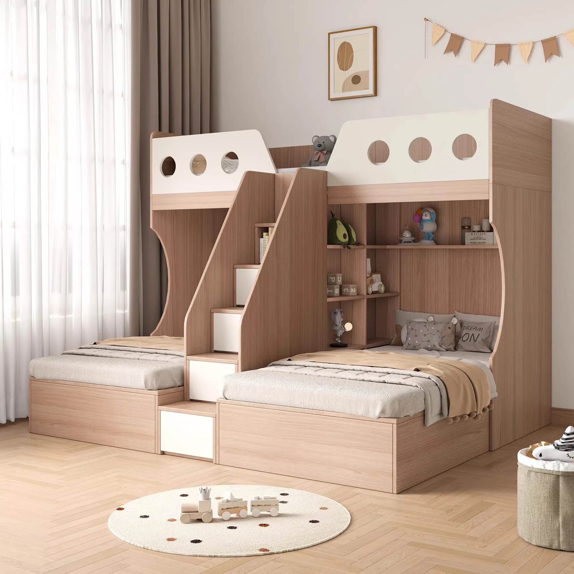 

Modern Durable Eco-Friendly Triple Bunk Bed with Wood Construction and Linen Upholstery for 3 Kids and Children's Bedroompromote