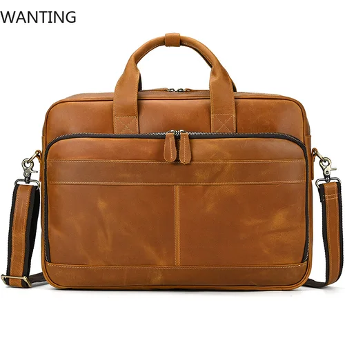 Imagen 2 del producto Bolsos de hombro de piel de vaca auténtica para hombre, bolso de negocios para ordenador portátil de 15,6, 16 y 17,3 pulgadas, maletín Vintage para hombre