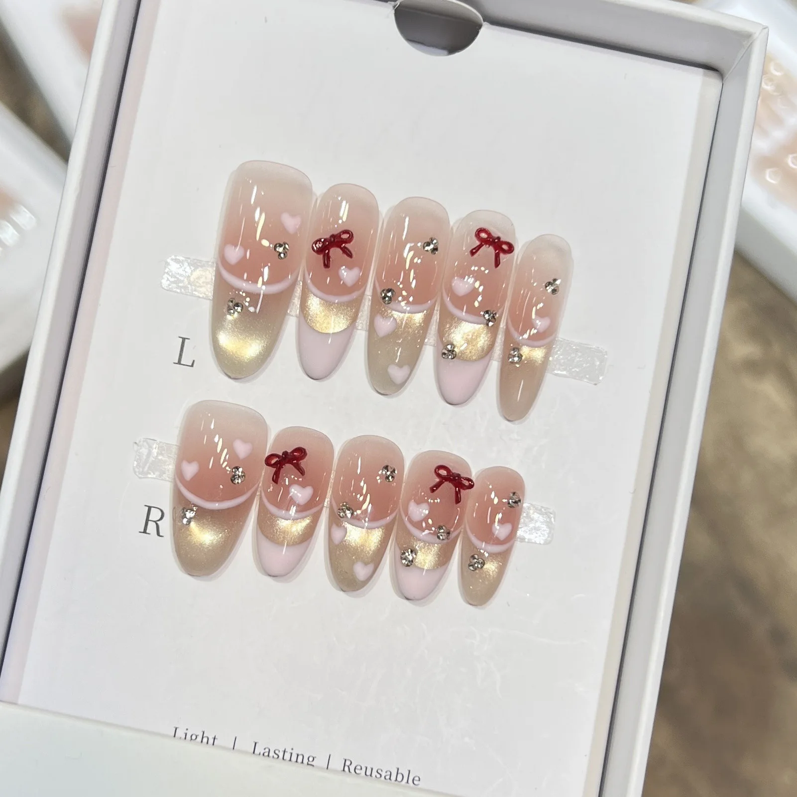10 Uds. De uñas postizas francesas con lazo, diamantes de imitación, diseños de corazón rosa, gradiente de ojo de gato, uñas postizas ovaladas brillantes para mujer