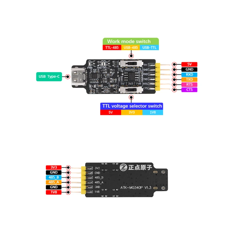 ALIENTEK TYPE-C USB to 485 Serial Port USB to TLL Serial Port TLL to 485 Serial Port Module Converter MO340P 1.8V 3.3V 5V