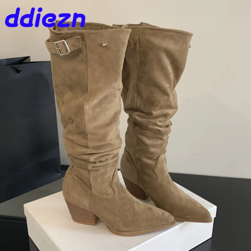 

New Shoes Fashion Square Heels Footwear Knee High Bootes For Women Pointed Toe Ladies Modern Long Boots Female Pumps Shoes