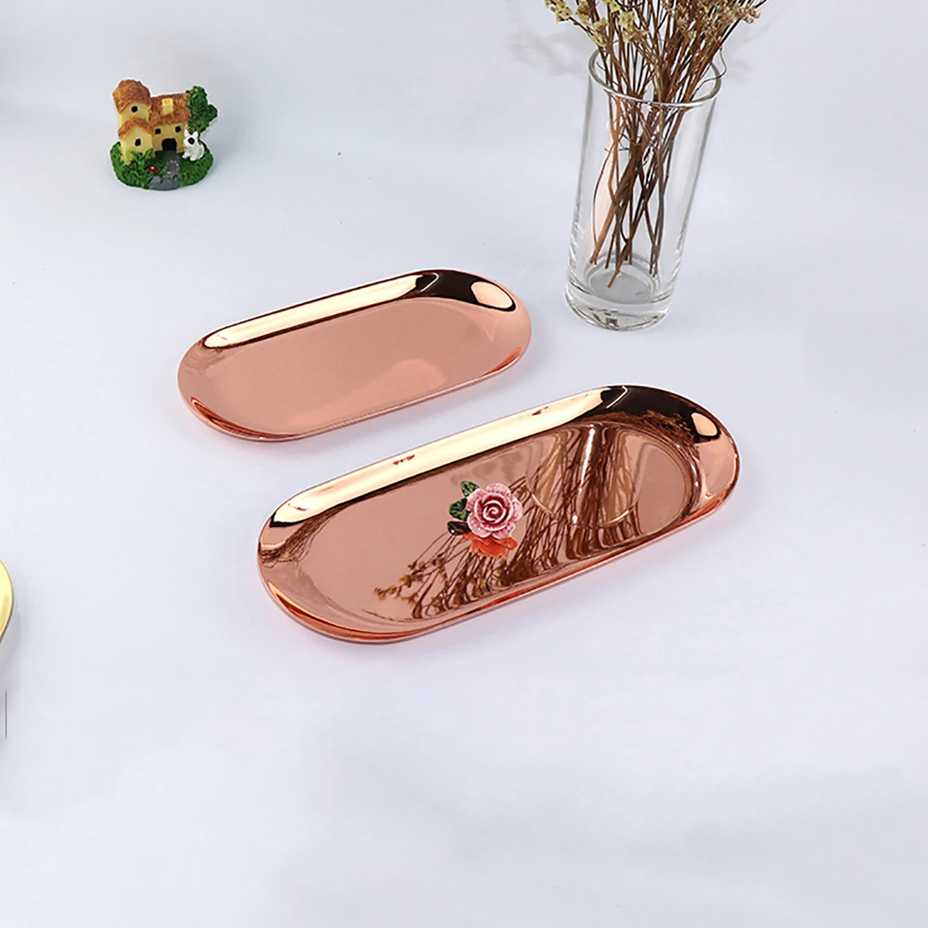 Bright rose gold oval stainless steel jewelry tray desktop ring storage organizer cosmetics jewelry metal storage tray