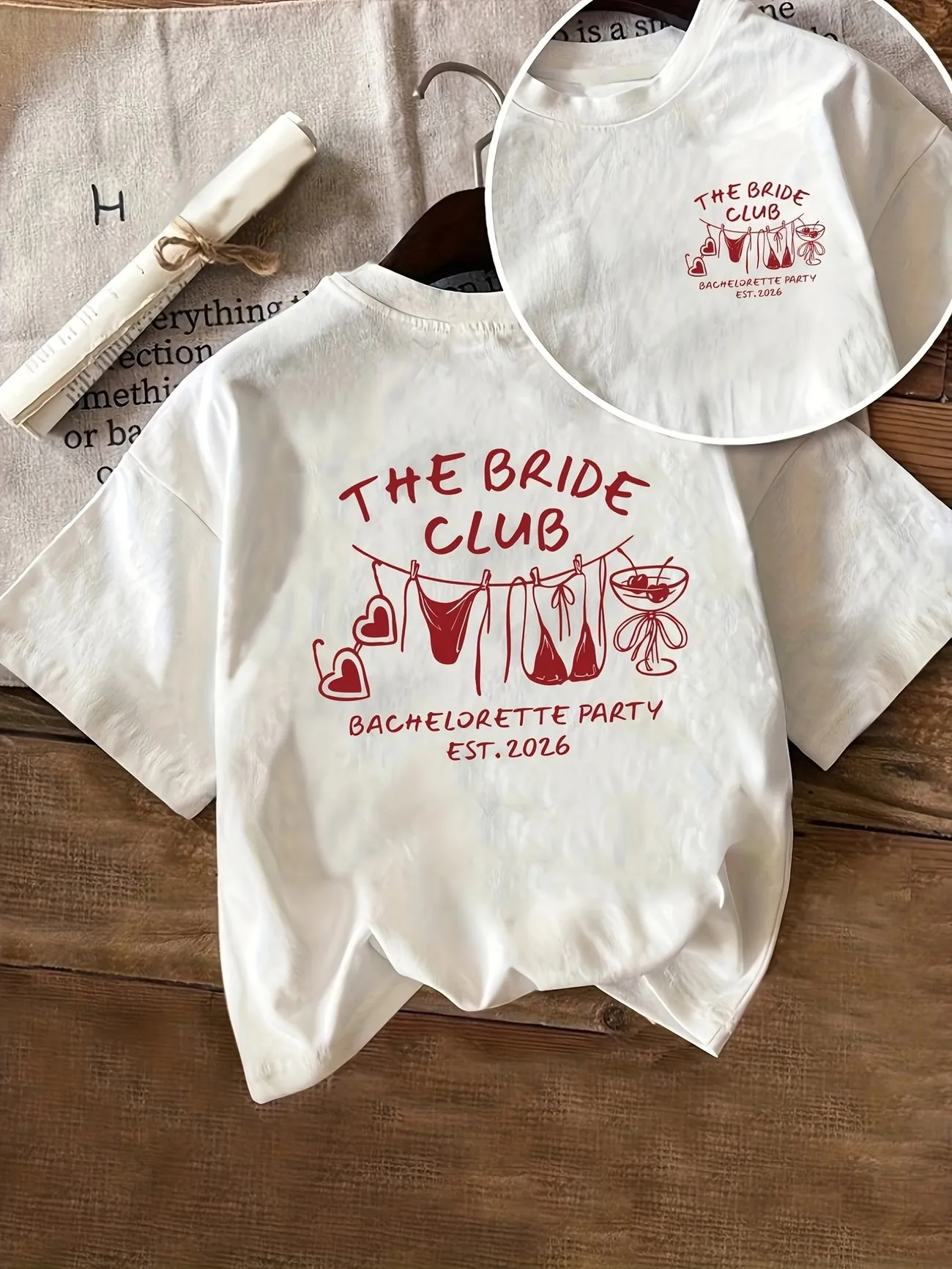 Cotton The Bride Club Fashion Party Graphic Print T-shirt Short Sleeve Crew Neck Casual Top for Summer Spring Women's Clothing