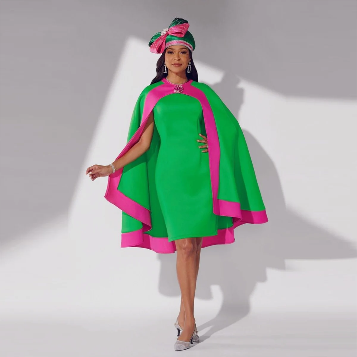 

Green Satin Cape Style Prom Dresses Two Pieces Sheath Short Evening Gowns Women Formal Party Dress