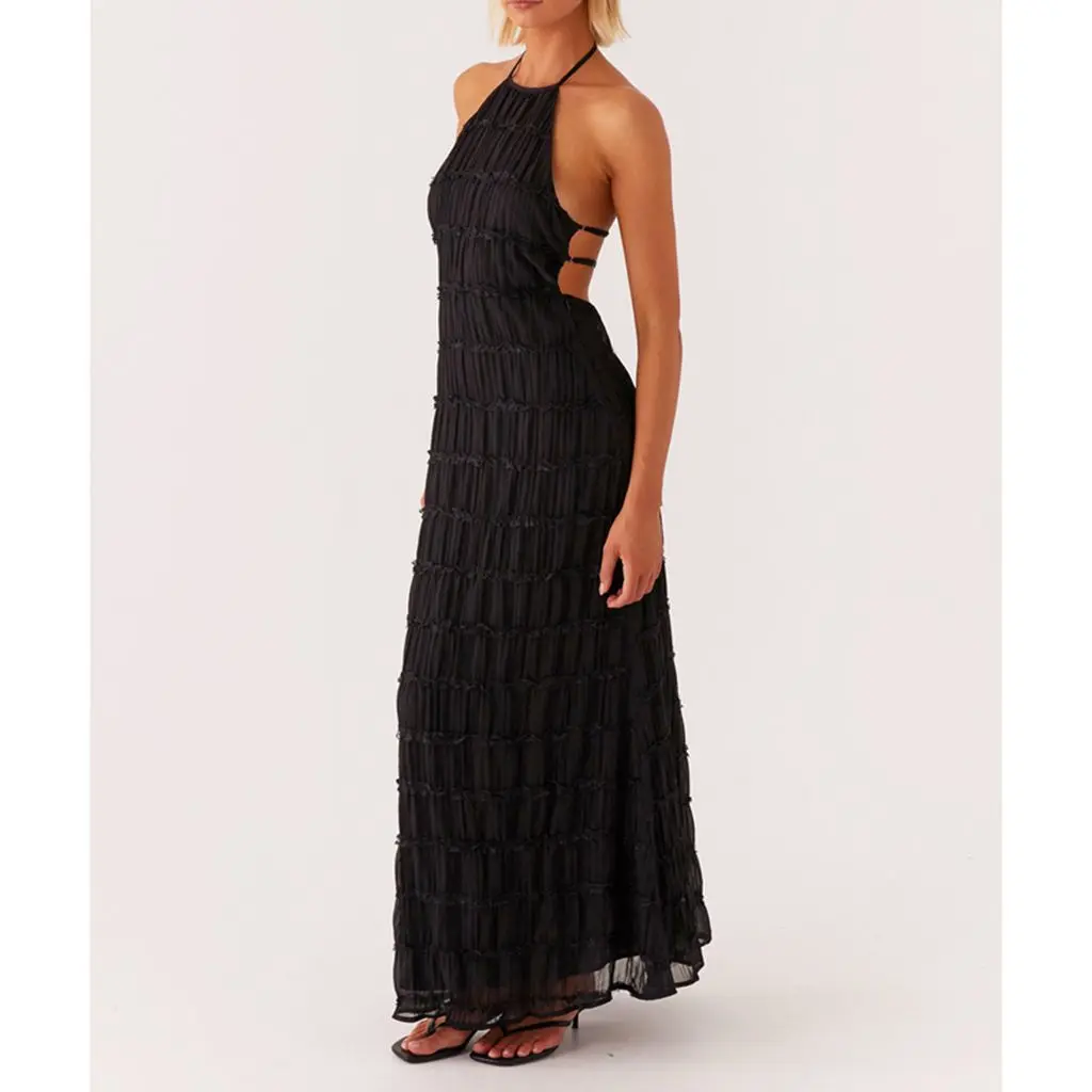 Vestido largo recto ajustado fruncido elegante sin mangas con cordones y cuello halter sin espalda de color sólido para fiesta