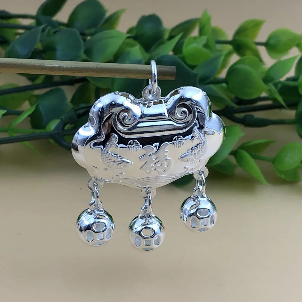 

Real S999 Sterling Silver Long Life Lock Pendant Double Fish Fu Character Lucky Safety Lock Necklace Baby Kid Pure 999 Silver