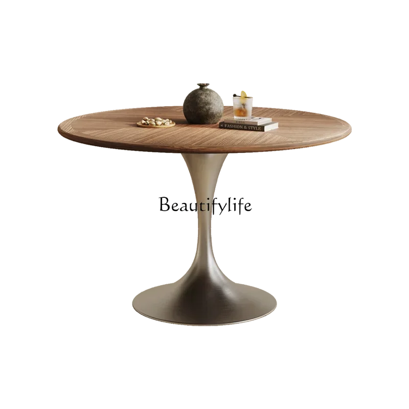 

FG10North American black walnut round dining table medium antique solid wood stainless steel round table