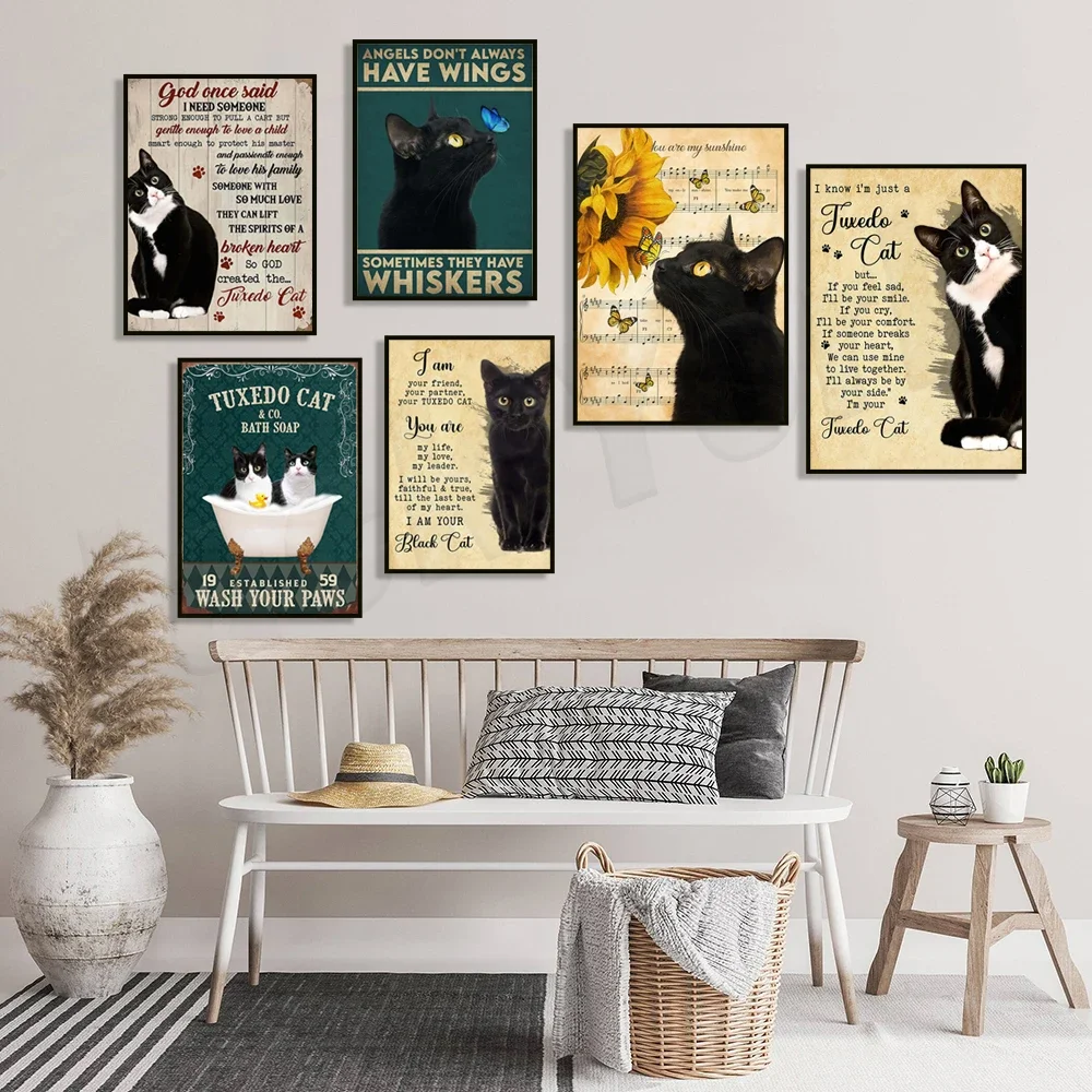 Tuxedo cat poster and canvas, I am your friend art, funny cat bathroom tub washing paws wall art, cat mom, cat dad, cat lovers