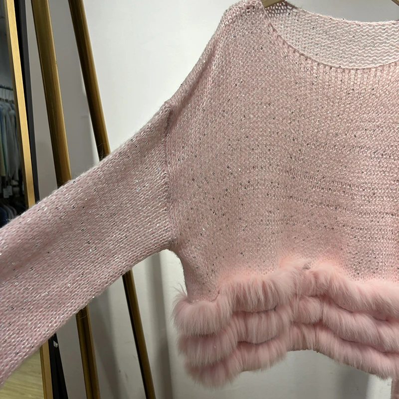 2025 donna primavera paillettes lucide design maglione di pelliccia sottile pelliccia di volpe naturale ragazza autunno maglione cappotto lavorato a maglia