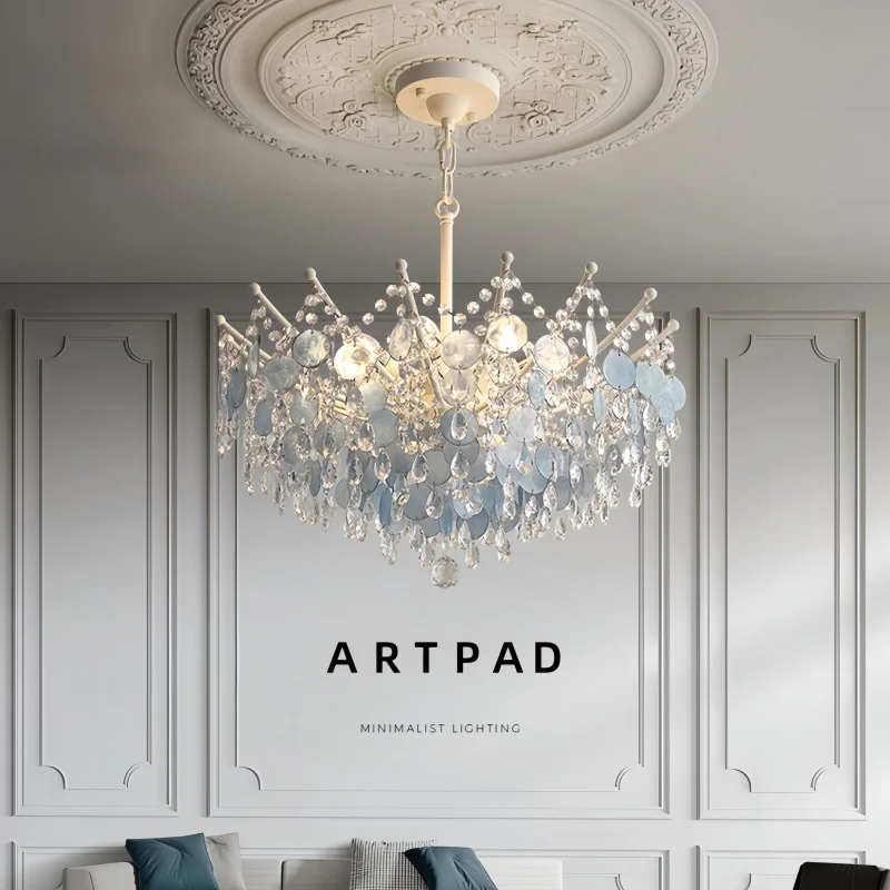 

French K9 Crystal Chandelier Luxury Vintage Blue/White Natural Shell Pendant Light for Romantic Villa Living Dining Room Bedroom