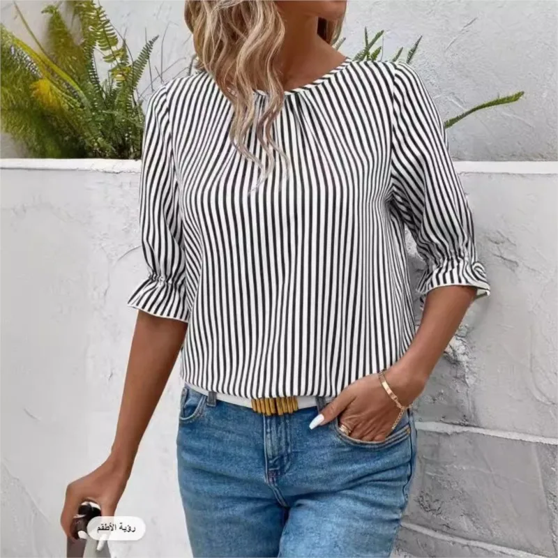 New Fashionable Blue Striped Button Design Blouse Top Women Casual Round Neck Half Sleeve Tops Shirt Elegant Office Clothing